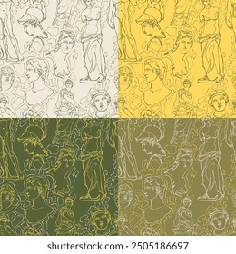 Set of four seamless patterns with antique statues and sculptures. Vector illustration.