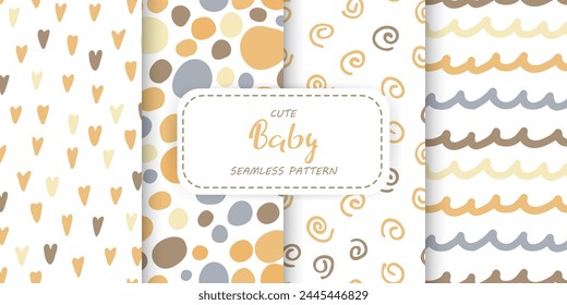 Set of four seamless Patterns for baby. Doodle hand drawn ornament in neutral Natural colors. Cute abstract background for Nursery wallpaper, fabric print for children's clothing