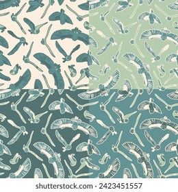 Set of four seamless patterns with barn owls. Vector illustration.