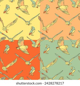 Set of four seamless patterns with barn owls. Vector illustration.