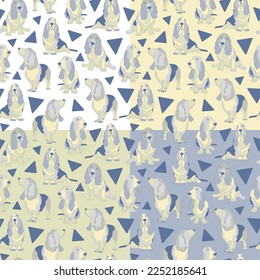 Conjunto de cuatro patrones sin fisuras con Basset Hound. Ilustración vectorial.