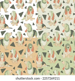 Set von vier nahtlosen Mustern mit Basset Hound Hunden. Vektorgrafik.