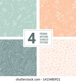 Set of four seamless patterns. Beautiful hand drawn florals, leaves and dots background. Elegant fabric on soft peach and blue background Surface pattern design
