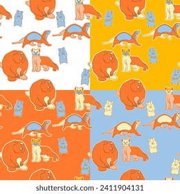 Set of four seamless patterns with beavers, sables, ferrets and hamsters. Vector illustration.