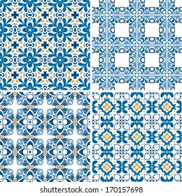 Set of four seamless patterns in blue and orange - like Portuguese tiles