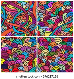 Set of four seamless patterns. Bright backgrounds with linear doodles, scales, diagonal waves, hand drawn graphics made with graphics tablet. Vector Illustration.