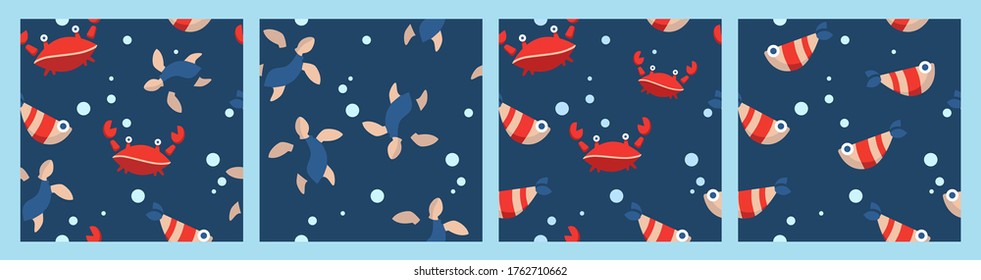 set of four seamless patterns with cartoon animals. red crabs, fish, turtles and bubbles. cartoon flat design. Marine theme. for packaging, paper, fabric. print for clothes