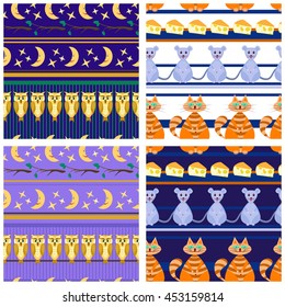 Set of four seamless patterns with cats, mice,cheese,owls,the moon.Vector children's illustration in ethnic style. Can be used for books,scrapbooking,fabric,textile,wrapping paper.