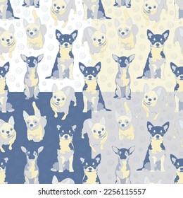 Set of four seamless patterns with chihuahua dogs. Vector illustration.