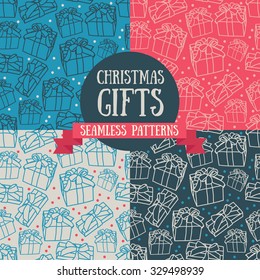 set of four seamless patterns with christmas gifts, vector illustration