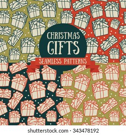 set of four seamless patterns with christmas gifts, vector illustration