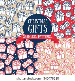 set of four seamless patterns with christmas gifts, vector illustration