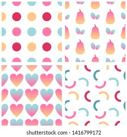 Set of four seamless patterns with circles, hearts, pears, leaves and curved lines in pink, yellow and blue colours.