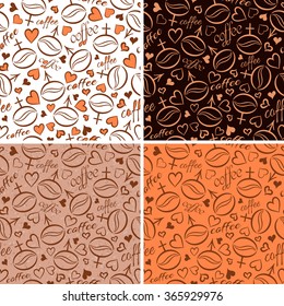 Set of four seamless patterns with coffee beans in different colors. Collection of backdrops with coffee beans, hearts and inscriptions.