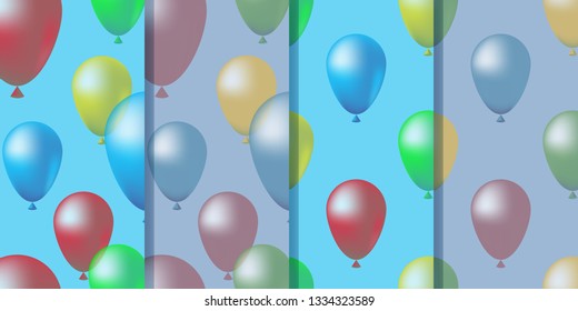 Set of four seamless patterns with colorful balloons in heaven in realistic style. Cute colorful illustration, vector eps10. Clipping mask applied.