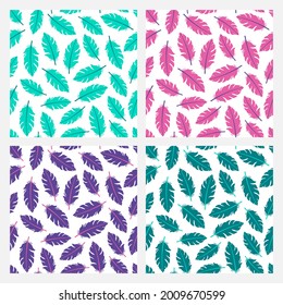 Set of four seamless patterns with colorful feathers