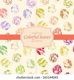 Set of four seamless patterns. Colorful leaves prints background. Vector nature background.