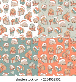 Set of four seamless patterns with cute Guinea pigs in Santa hat. Christmas background. Vector illustration.