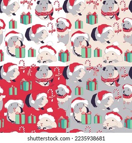 Set of four seamless patterns with cute Guinea pigs in Santa hat. Christmas background. Vector illustration.