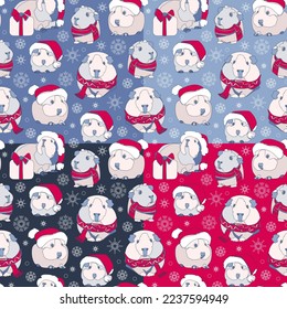 Set of four seamless patterns with cute Guinea pigs in Santa hat and snowflakes. Christmas background. Vector illustration.