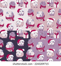 Set of four seamless patterns with cute Guinea pigs in Santa hat. Vector illustration.