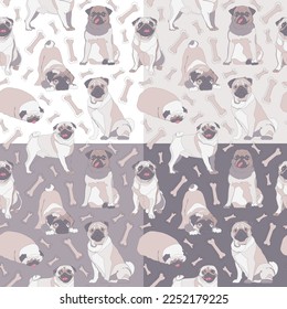 Set of four seamless patterns with cute pugs. Decorative fauna pattern. Vector illustration.