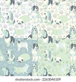 Set of four seamless patterns with cute dogs. Vector illustration.