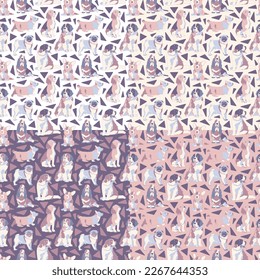 Set of four seamless patterns with cute dogs. Vector illustration.