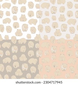 Set of four seamless patterns with cute wombats. Vector illustration.