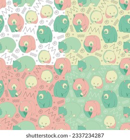 Set of four seamless patterns with cute wombats. Vector illustration.