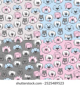 Set of four seamless patterns with cute dogs (head). Vector illustration.