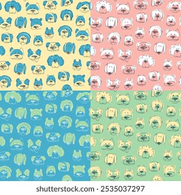 Set of four seamless patterns with cute dogs. Vector illustration.