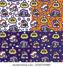Conjunto de quatro padrões sem costura com gatinhos bonitos. Padrão de Natal. Ilustração vetorial.