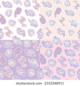 Set of four seamless patterns with cute animals. Vector illustration.