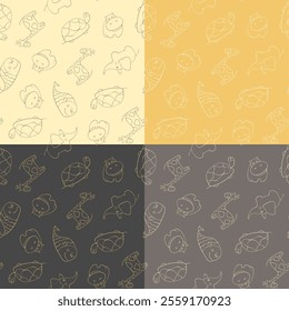Set of four seamless patterns with cute animals (giraffe, elephant, whale, turtle and hippopotamus). Vector illustration.