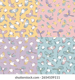 Set of four seamless patterns with cute flying long-tailed tits. Vector illustration.