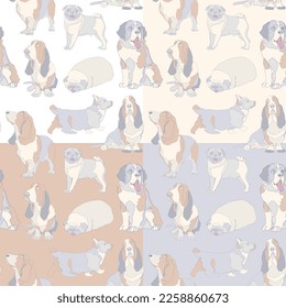 Set of four seamless patterns with dogs. Decorative light background. Vector illustration.