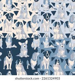 Set of four seamless patterns with dogs. Decorative fauna background. Vector illustration.