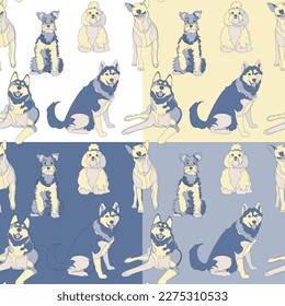 Conjunto de cuatro patrones sin fisuras con perros. Ilustración vectorial.