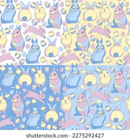 Set of four seamless patterns with Easter Bunnies and Easter eggs. Vector illustration.