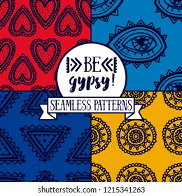 Set of four seamless patterns with ethnic or psychedelic symbols, pop art style palette, doodle vector illustration
