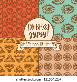 Set of four seamless patterns with ethnic or psychedelic symbols, doodle vector illustration