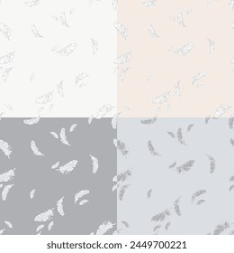 Set of four seamless patterns with feathers. Vector illustration.