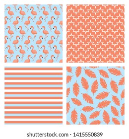 Set of four seamless patterns with flamingo birds, pink feathers and stripes