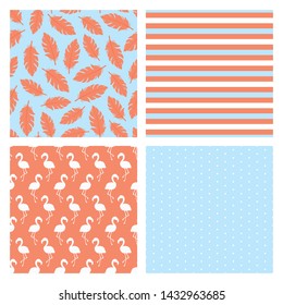 Set of four seamless patterns with flamingo birds, feathers, stripes and dots