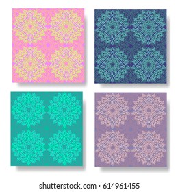 set of four seamless patterns. Flower Mandala. Decorative round ornaments. Anti-stress therapy patterns. Weave design. idea for greeting cards, invitations, prints, textiles