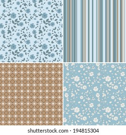 Set of four seamless patterns. Flowers, stripes, geometry. Can be used for printing onto fabric and paper for scrapbooking