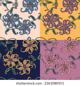 Conjunto de cuatro motivos impecables con flores. Patrón japonés. Ilustración vectorial.