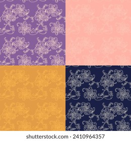 Set of four seamless patterns with flowers. Japanese patterns. Vector illustration.
