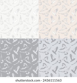 Set of four seamless patterns with flying snowy owls (polar owls). Vector illustration.